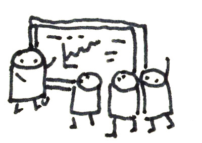 Four little people in a meeting with a whiteboard. One is explaining, one raising her hand in excitement.